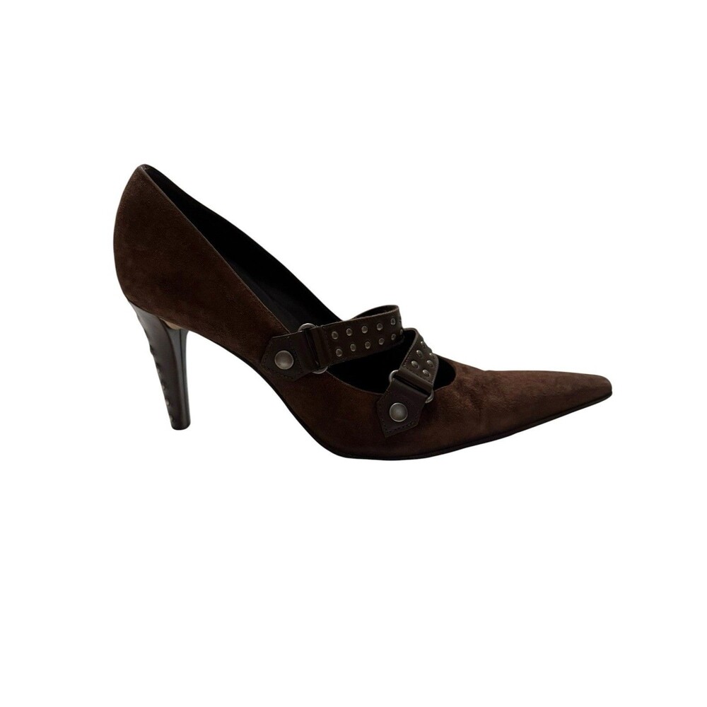 Sergio Rossi Brown Suede Studded Mary Jane Pointed Toe Pumps Heels 37